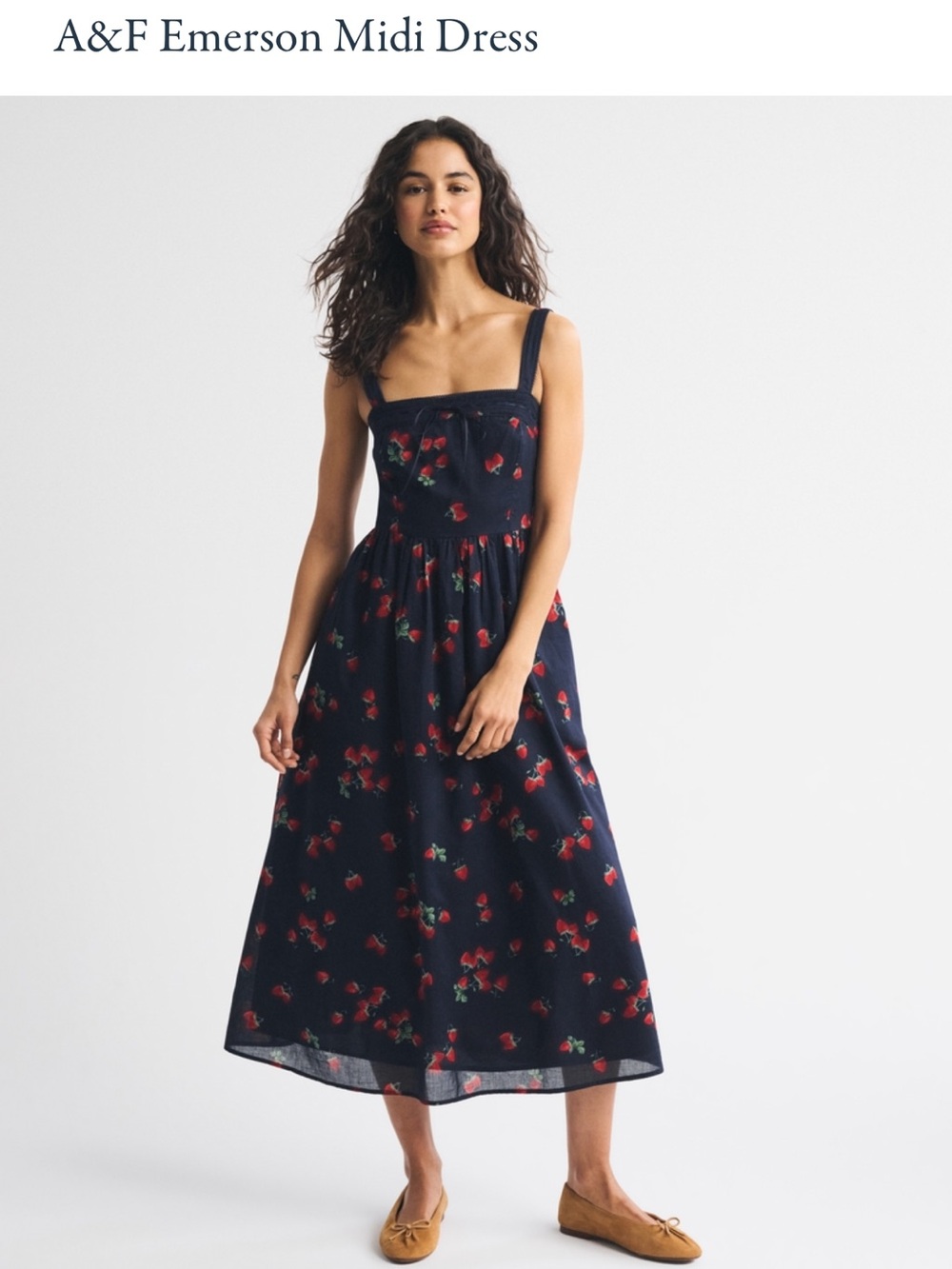 Abercrombie & Fitch Emerson Midi Navy Dress with Red Strawberry Print